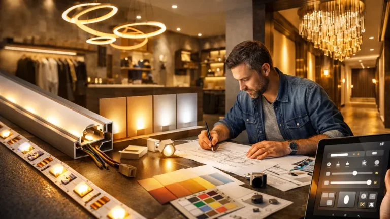 Architecte concevant un éclairage personnalisé avec ruban LED sur mesure, profilé aluminium et pilotage domotique dans un intérieur moderne.