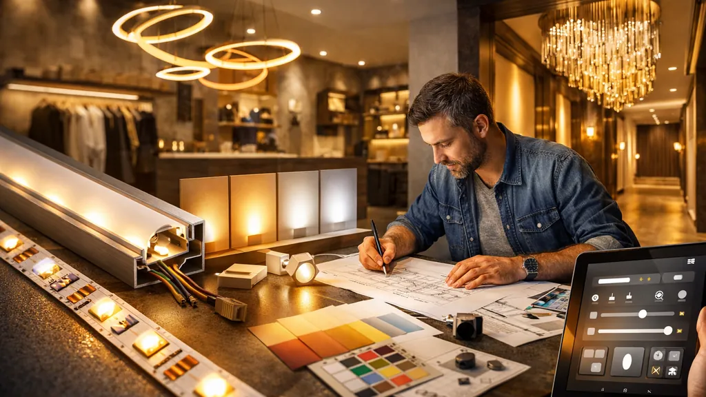 Architecte concevant un éclairage personnalisé avec ruban LED sur mesure, profilé aluminium et pilotage domotique dans un intérieur moderne.