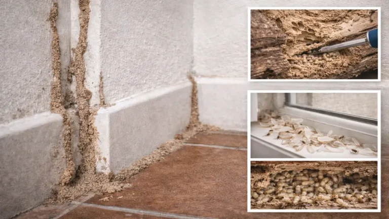 Signes de termites du bois dans une habitation avec cordonnets de boue sur mur, galeries dans le bois et ailes de termites tombées près d’une fenêtre