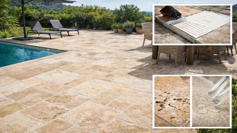 Terrasse extérieure en travertin beige posée en opus romain avec finition antidérapante, bord de piscine et mobilier de jardin, dallage pierre naturelle