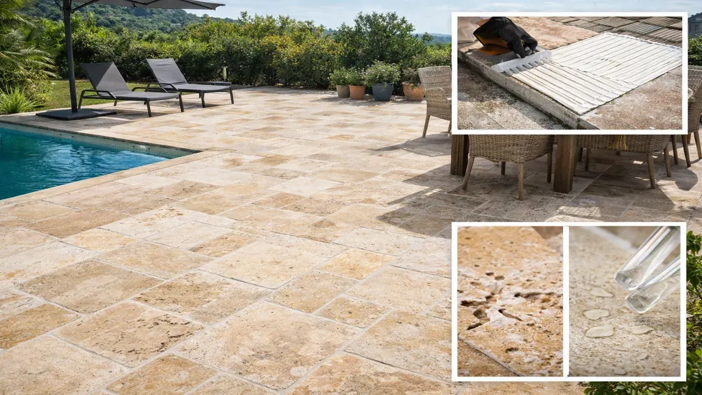 Terrasse extérieure en travertin beige posée en opus romain avec finition antidérapante, bord de piscine et mobilier de jardin, dallage pierre naturelle