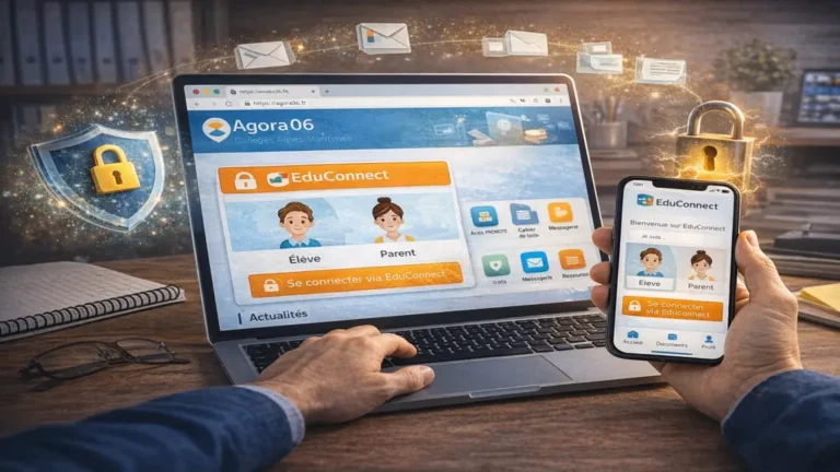 Parent consultant les notes, devoirs et informations scolaires de son enfant via l’ENT Agora06 sur ordinateur portable à domicile