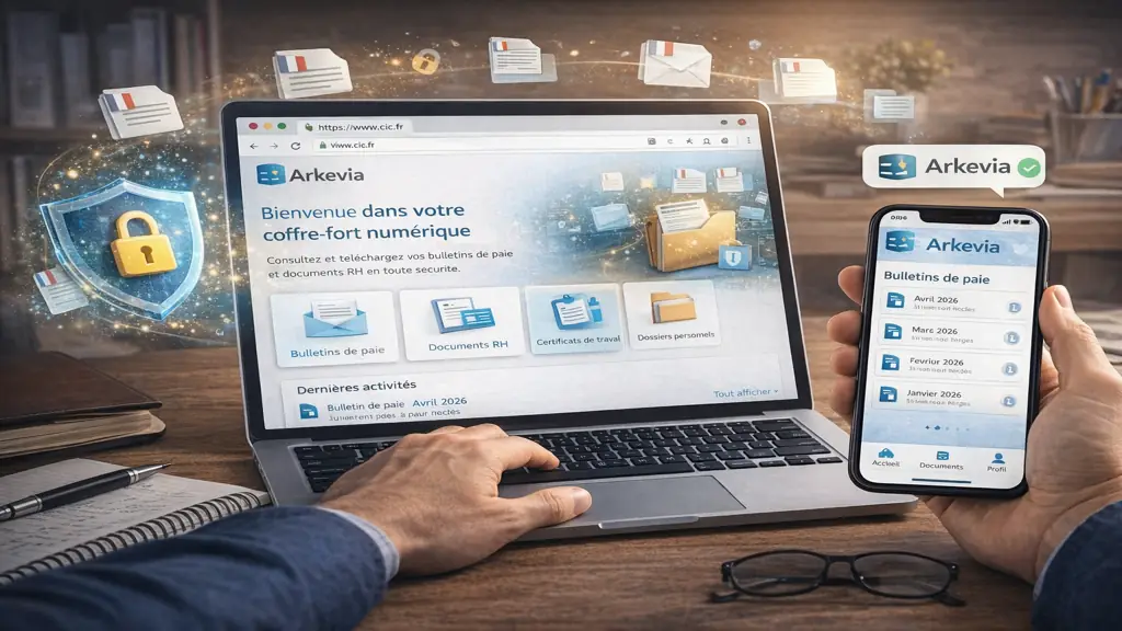 Salarié consultant ses bulletins de paie et documents RH stockés dans le coffre-fort numérique Arkevia depuis un ordinateur et un smartphone