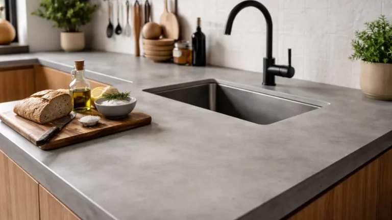 Plan de travail de cuisine en béton ciré gris avec évier intégré et robinet noir, dans une cuisine moderne en bois clair