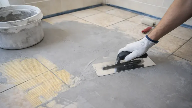 Béton ciré sur carrelage avec application au platoir inox sur sol carrelé, préparation avec treillis de renfort et primaire d’accrochage