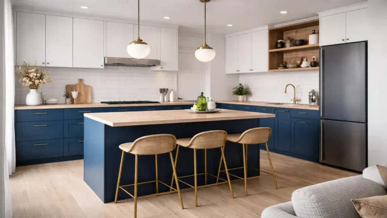 Cuisine moderne bleue avec îlot central, meubles bas bleu canard, plan de travail en bois clair et crédence blanche