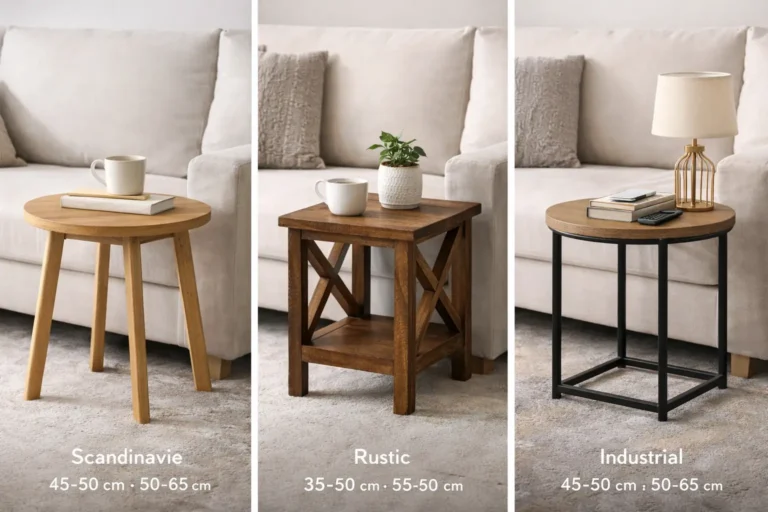 Bout de canapé bois placé à côté d’un canapé clair, modèles scandinave, rustique et industriel avec plateau en bois et objets du quotidien, table d’appoint pratique et décorative pour salon.