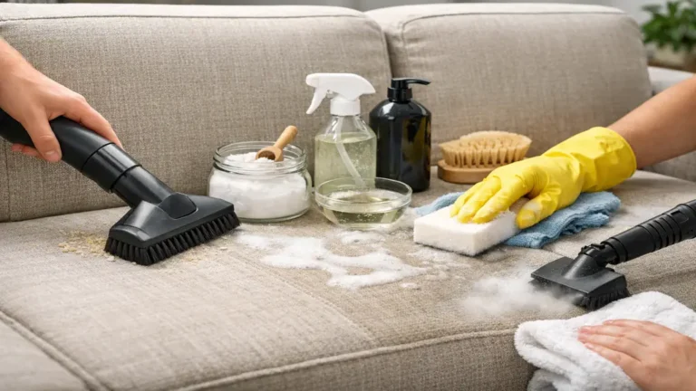 Nettoyage d’un canapé en tissu avec aspirateur, éponge et produits naturels pour éliminer les taches sans laisser d’auréoles