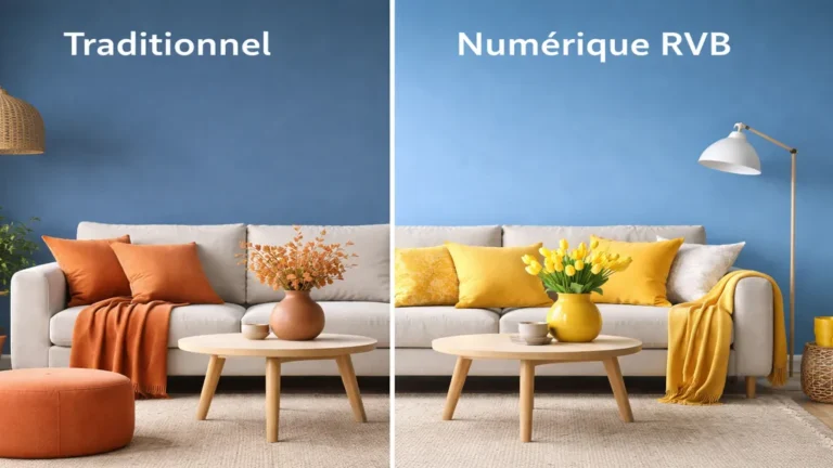 Couleur complémentaire du bleu illustrée dans un salon avec mur bleu, décoration orange d’un côté et jaune de l’autre pour montrer les contrastes chromatiques en situation réelle