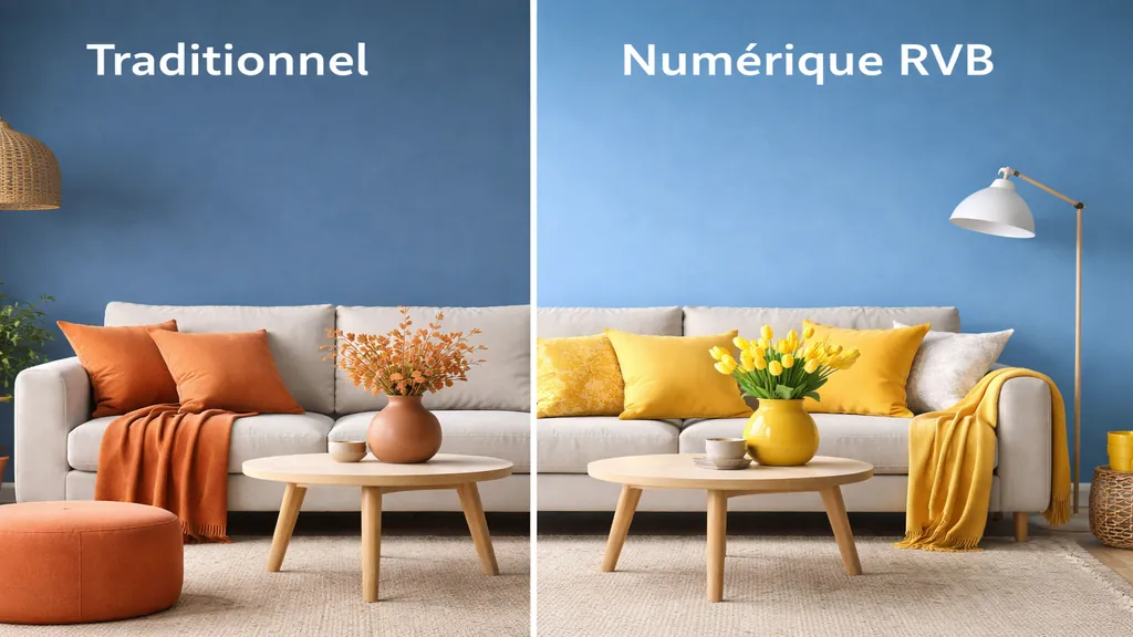Couleur complémentaire du bleu illustrée dans un salon avec mur bleu, décoration orange d’un côté et jaune de l’autre pour montrer les contrastes chromatiques en situation réelle