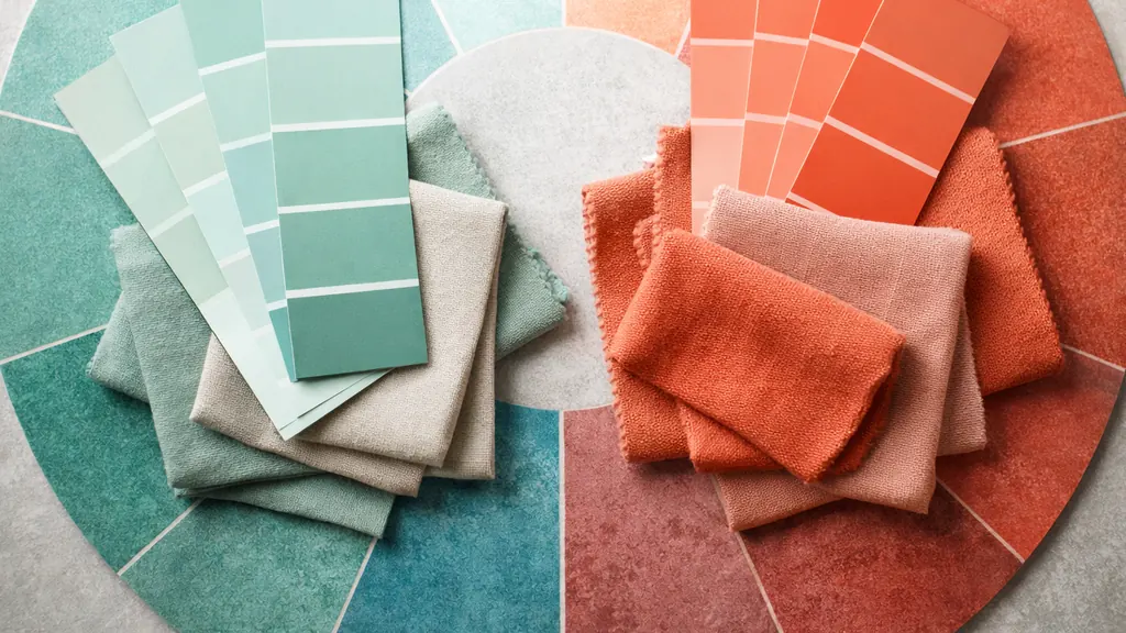 Palette de couleurs complémentaire vert d’eau et corail avec nuanciers et échantillons de tissu sur fond neutre, ambiance déco douce et moderne.