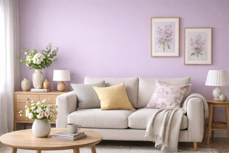 Mur peint en couleur parme dans un salon lumineux avec canapé beige, mobilier en bois clair et décoration douce aux tons pastel