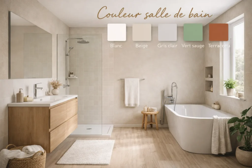 Couleurs de salle de bain dans une pièce lumineuse avec murs beige clair, meuble vasque en bois et baignoire moderne, ambiance zen et contemporaine.
