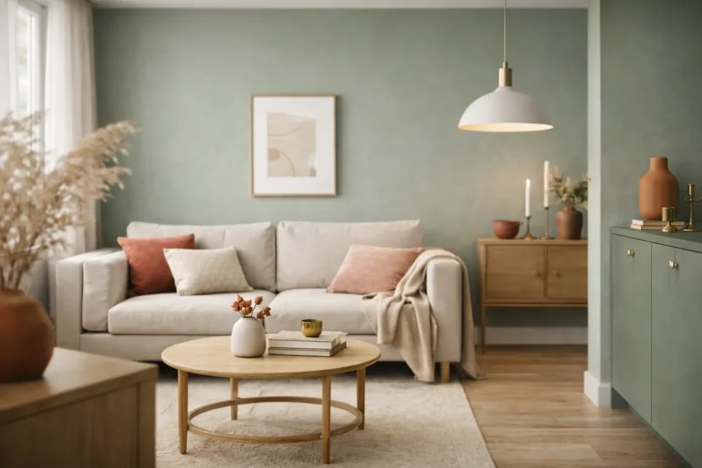 Salon moderne aux murs vert sauge associés à un canapé beige, touches terracotta et mobilier en bois clair, ambiance douce et naturelle