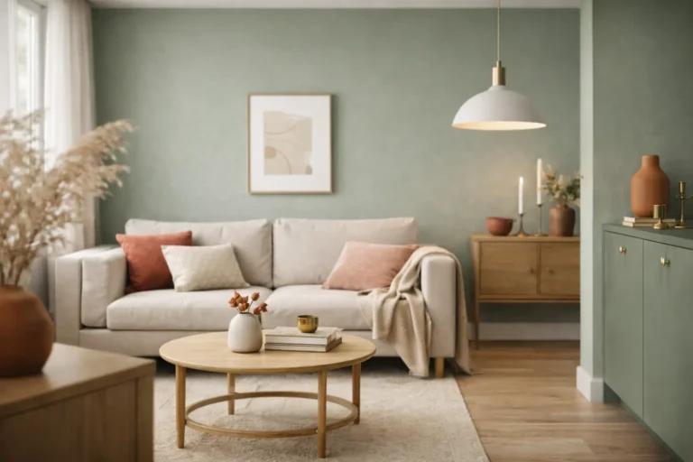 Salon moderne aux murs vert sauge associés à un canapé beige, touches terracotta et mobilier en bois clair, ambiance douce et naturelle