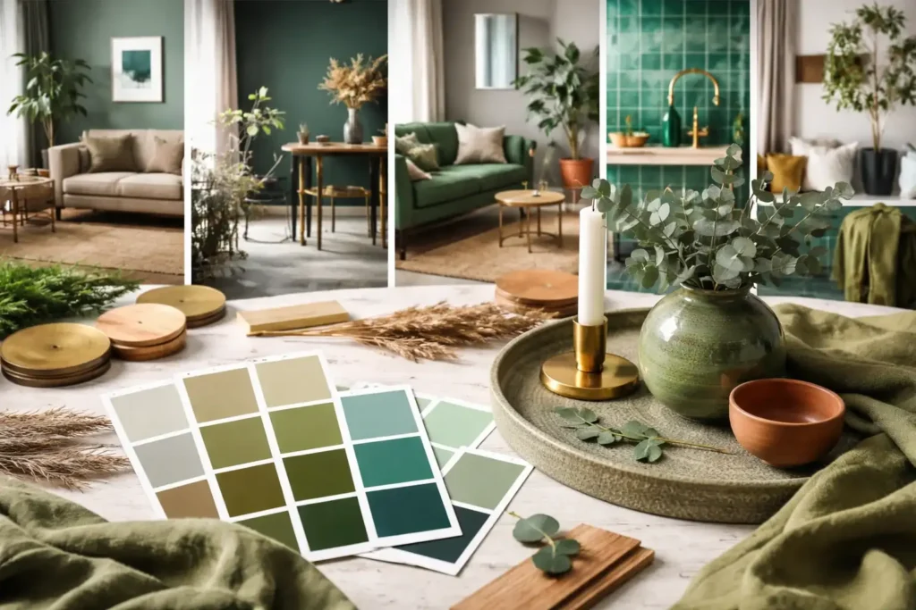 Nuances de vert en décoration intérieure avec associations de couleurs naturelles, bois clair et touches de laiton dans un intérieur moderne et apaisant