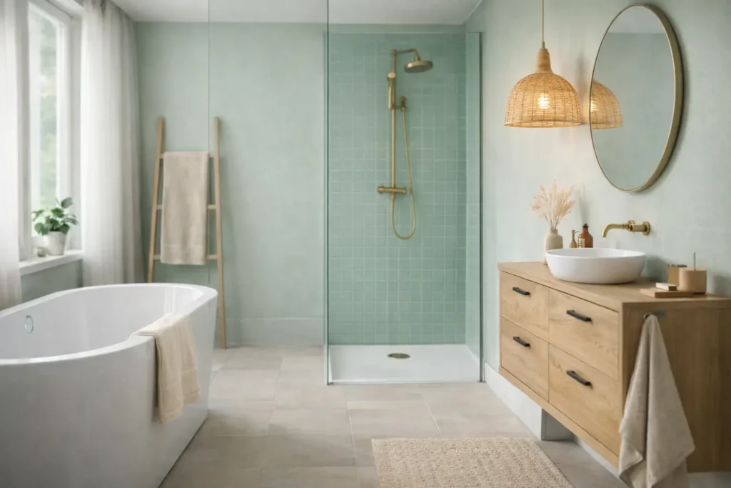 Salle de bain moderne décorée en vert d’eau avec baignoire îlot blanche, meuble vasque en bois clair, robinetterie en laiton et douche à l’italienne lumineuse