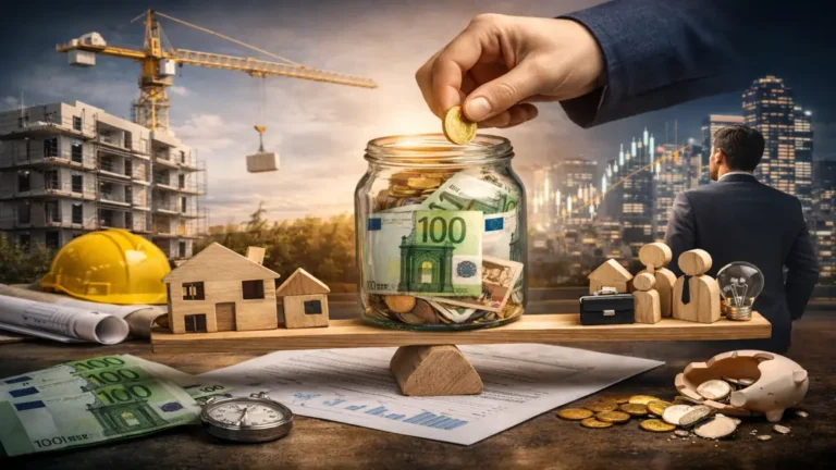 Scène illustrant l’investissement participatif via une plateforme de crowdfunding française, avec projets immobiliers, capital-investissement et analyse financière en arrière-plan