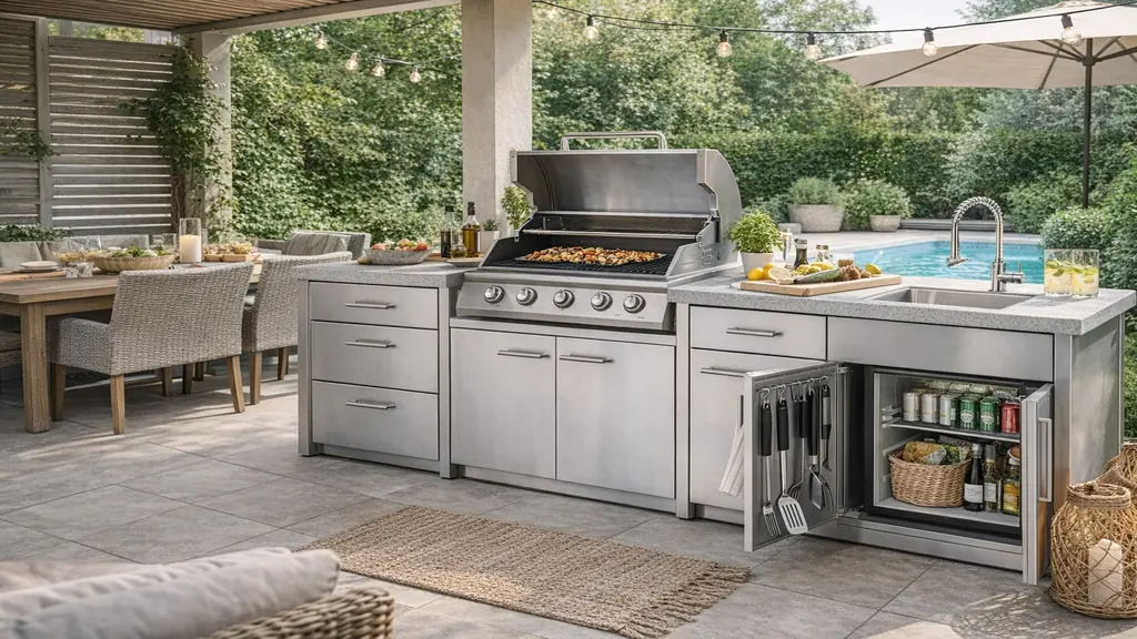 Cuisine extérieure moderne avec plancha et barbecue en inox, plan de travail avec évier, rangements fermés et espace repas sur terrasse aménagée