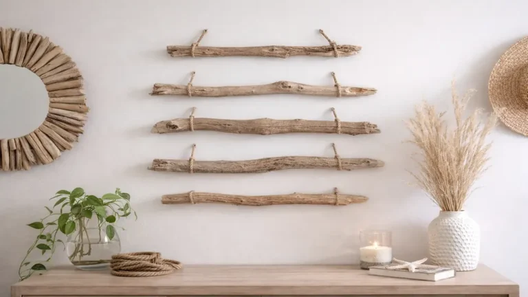 Déco bois flotté naturelle avec branches de bois flotté fixées au mur, miroir rond et accessoires bord de mer dans un intérieur lumineux et minimaliste