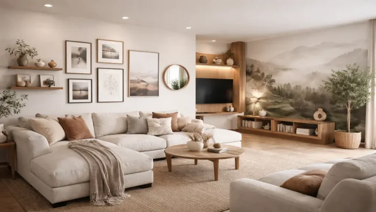 Décoration murale salon tendance avec mur de cadres minimaliste, miroir rond et matières naturelles dans un salon moderne et lumineux