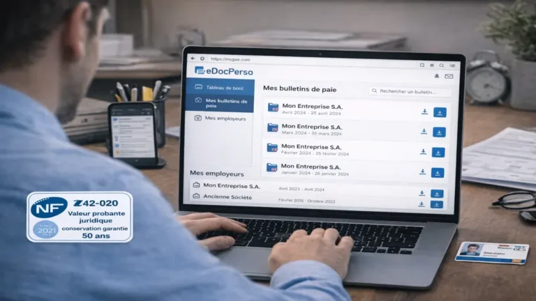 Salarié consultant ses bulletins de paie dématérialisés sur eDocPerso via un ordinateur portable, avec coffre-fort numérique sécurisé et conservation légale.