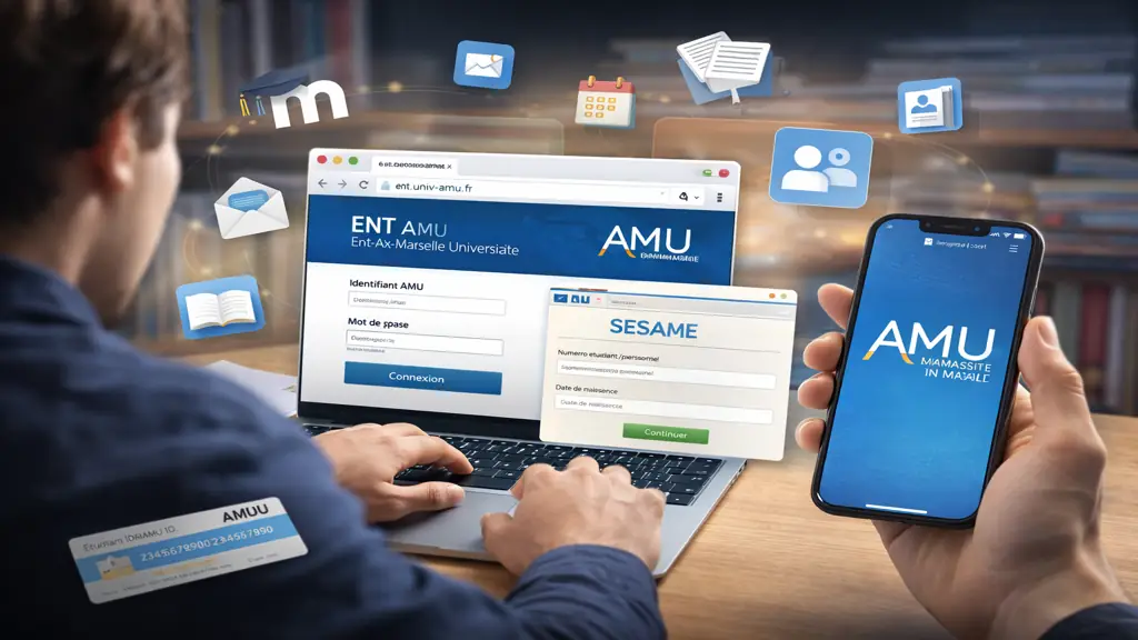 Étudiant se connectant à l’ENT Aix-Marseille Université sur ordinateur et smartphone pour accéder aux services numériques universitaires comme AMeTICE et la messagerie AMU