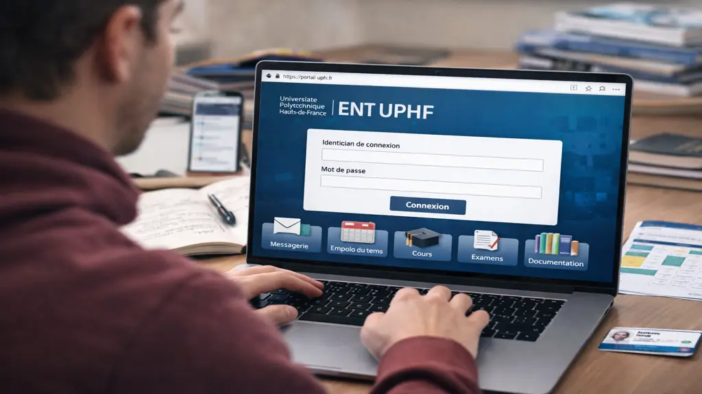 Étudiant se connectant à l’ENT UPHF sur ordinateur portable pour accéder à la messagerie universitaire, à l’emploi du temps et aux cours en ligne.