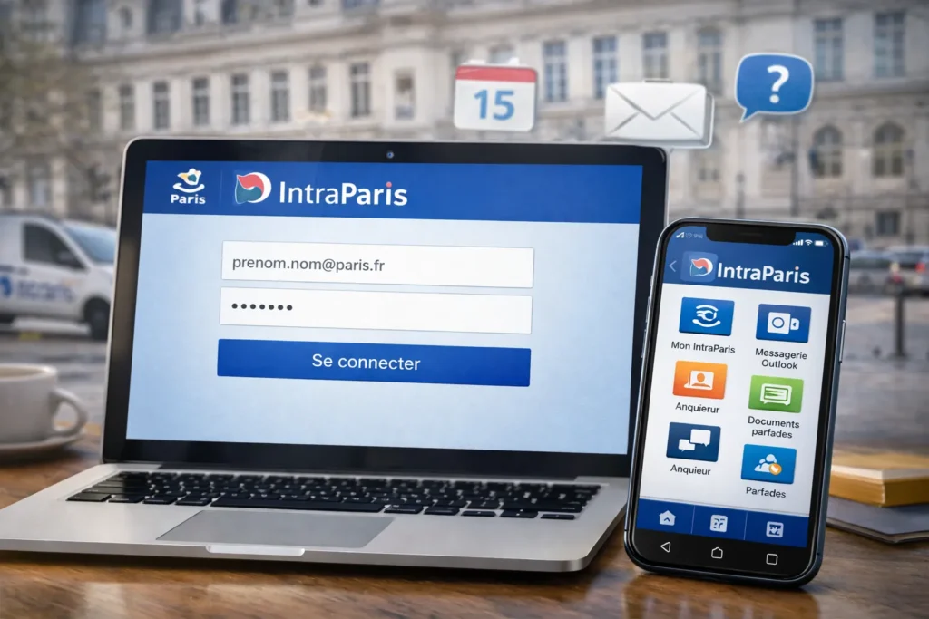 Illustration réaliste de la connexion au portail IntraParis pour les agents de la Ville de Paris, accès à l’intranet et à la messagerie professionnelle sur ordinateur et smartphone.