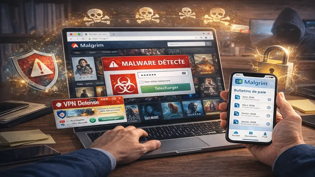 Ordinateur affichant un site de streaming gratuit exposé à des alertes de sécurité, publicités malveillantes et risques de malware lors du visionnage de films en ligne