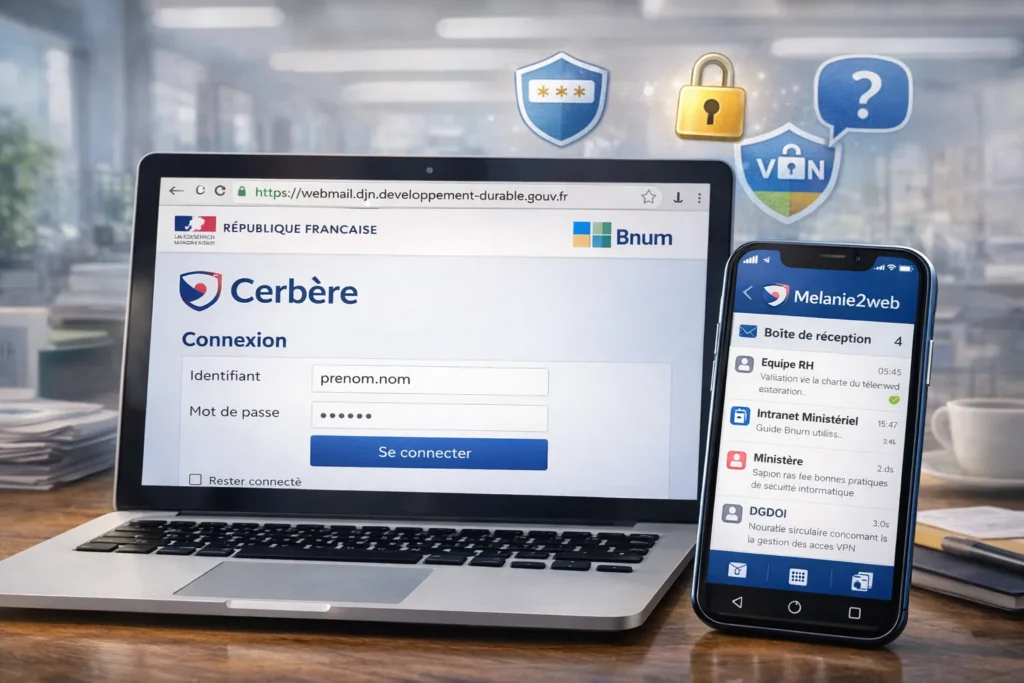 Illustration réaliste de la connexion au webmail professionnel Melanie2web via l’authentification Cerbère, utilisée par les agents de l’État français sur ordinateur et smartphone.