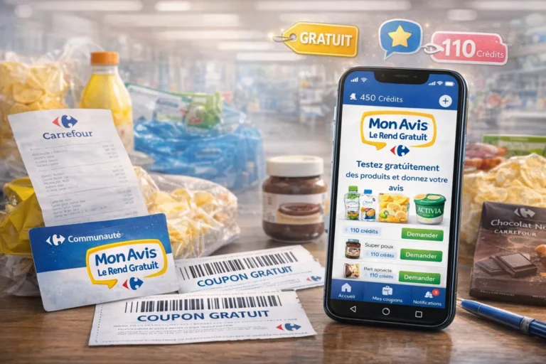 Illustration réaliste du programme Mon Avis Le Rend Gratuit de Carrefour, montrant l’application mobile, des coupons et des produits alimentaires testés gratuitement en hypermarché.