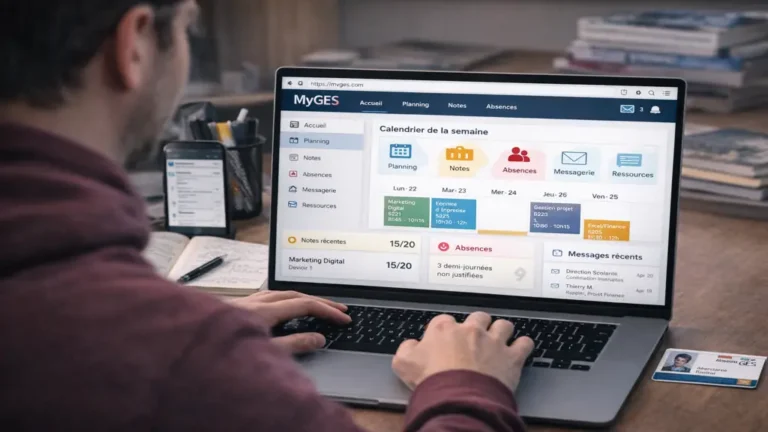 Étudiant connecté à l’extranet myGES sur ordinateur portable pour consulter son planning, ses notes, ses absences et sa messagerie scolaire.