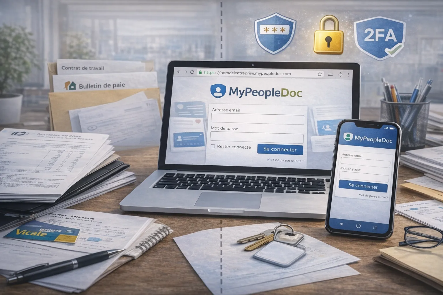 Illustration réaliste représentant l’accès au coffre-fort numérique MyPeopleDoc avec interface de connexion sécurisée et documents RH dématérialisés.