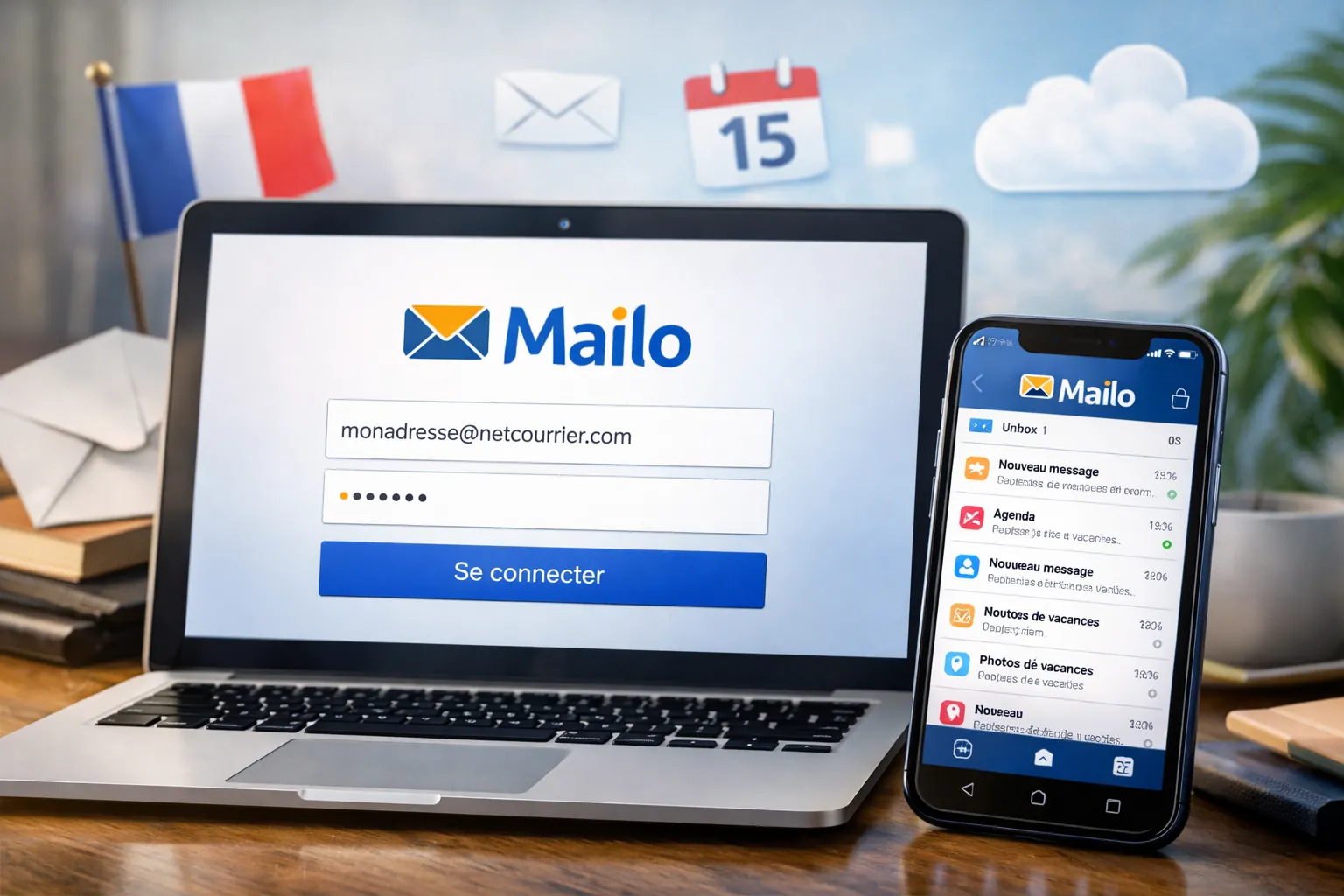 Illustration réaliste de la messagerie NetCourrier devenue Mailo, montrant l’accès au webmail sur ordinateur et smartphone, service de messagerie électronique française sécurisé.