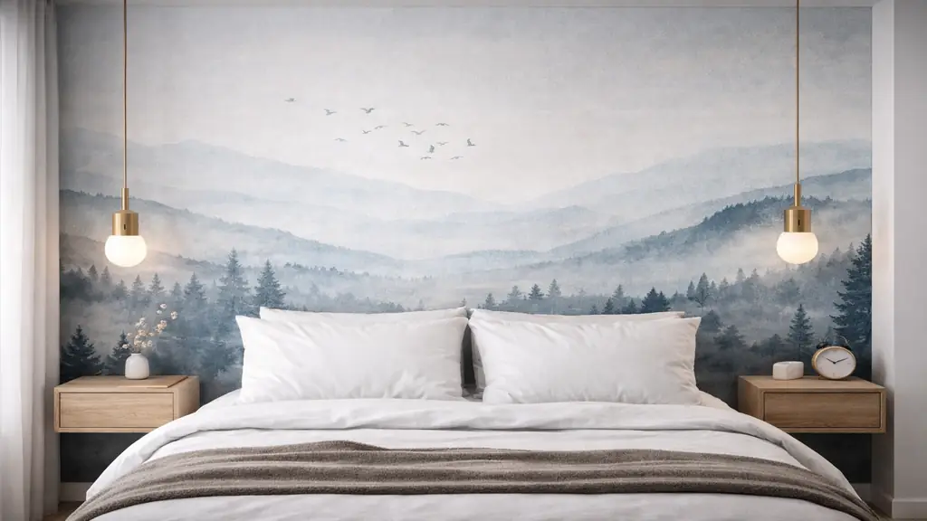 Papier peint panoramique en tête de lit avec motif paysage naturel dans une chambre moderne et apaisante