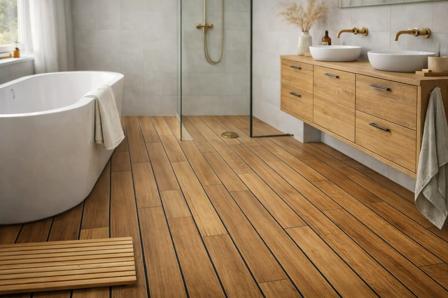 Salle de bain moderne avec parquet en bois type teck posé en pont de bateau, baignoire blanche, meuble vasque suspendu et robinetterie dorée