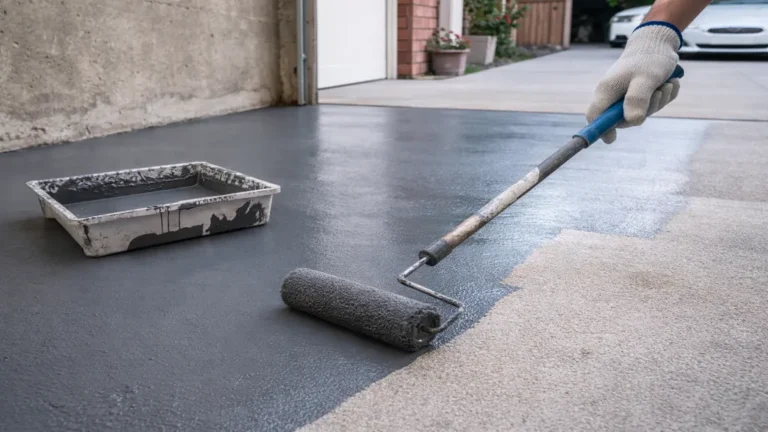 Application d’une peinture spéciale béton extérieur sur un sol en béton, montrant un revêtement uniforme et résistant adapté aux terrasses, dalles et surfaces extérieures exposées aux intempéries.