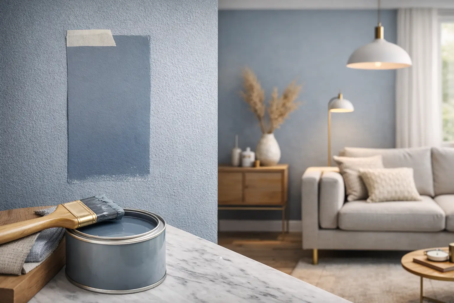 Mur peint en bleu gris avec pot de peinture ouvert et pinceau au premier plan dans un salon moderne lumineux aux tons bois et textiles clairs