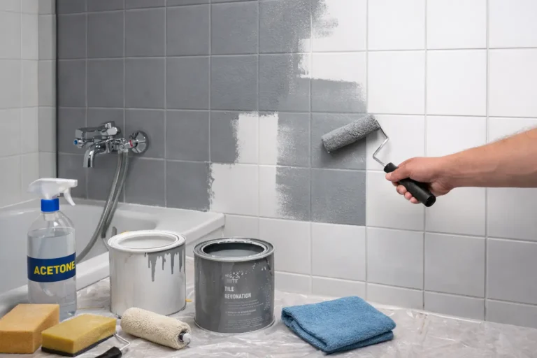 Peindre le carrelage d’une salle de bain avec une peinture rénovation spéciale, application au rouleau sur carreaux muraux après préparation et dégraissage, rénovation durable sans dépose.