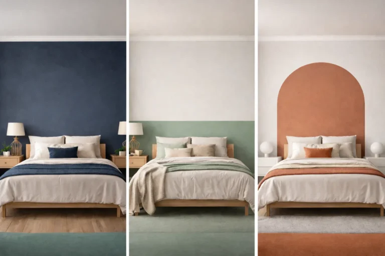 Peinture chambre adulte 2 couleurs avec mur d’accent derrière le lit, séparation mi-hauteur et forme géométrique, associations modernes bleu nuit, vert sauge et terracotta pour une ambiance élégante et apaisante.