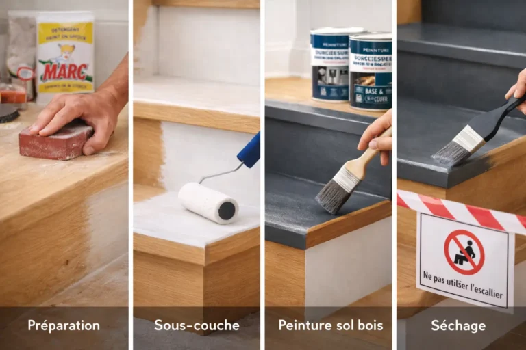 Peindre un escalier en bois étape par étape : ponçage et préparation, application de la sous-couche, peinture sol bois résistante, finitions sur nez de marche et séchage sécurisé pour un usage durable.
