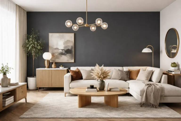 Mur d’accent en peinture gris anthracite dans un salon lumineux avec canapé clair, mobilier en bois et luminaires dorés, ambiance moderne et élégante.