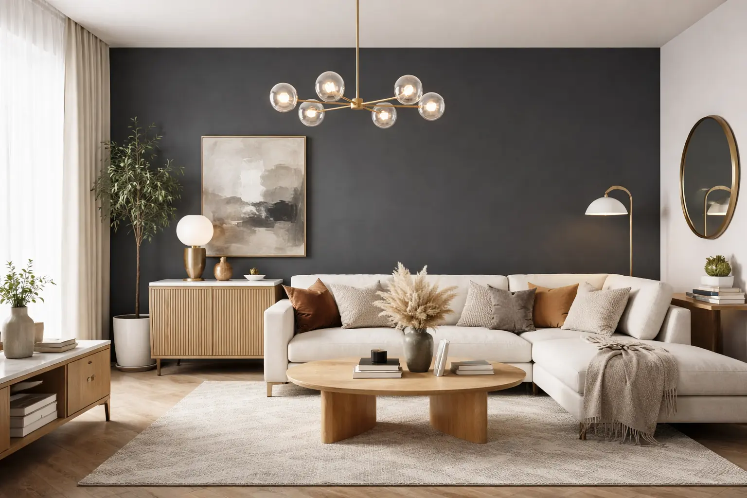 Mur d’accent en peinture gris anthracite dans un salon lumineux avec canapé clair, mobilier en bois et luminaires dorés, ambiance moderne et élégante.