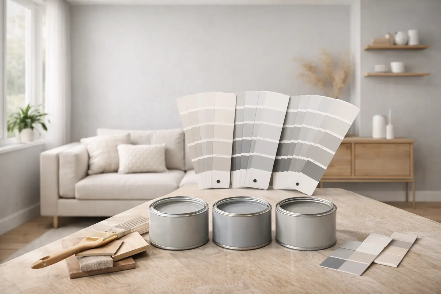 Salon moderne et lumineux aux murs gris clair avec nuanciers et pots de peinture gris clair posés sur une table en bois, ambiance douce et contemporaine
