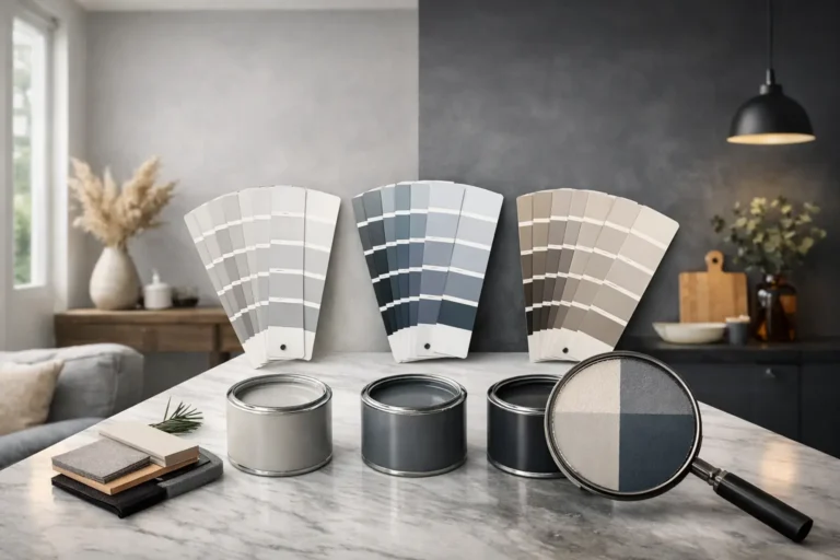 Nuanciers et pots de peinture grise présentant différentes nuances de gris chaud et gris froid dans un intérieur moderne et lumineux