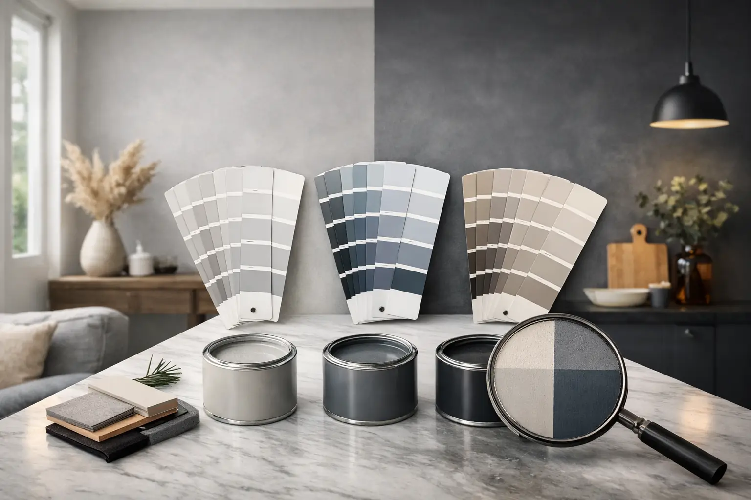 Nuanciers et pots de peinture grise présentant différentes nuances de gris chaud et gris froid dans un intérieur moderne et lumineux