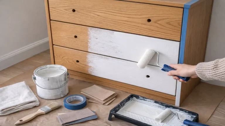 Peinture meuble bois avec application de peinture blanche au rouleau sur une commode en bois, préparation et rénovation de mobilier intérieur