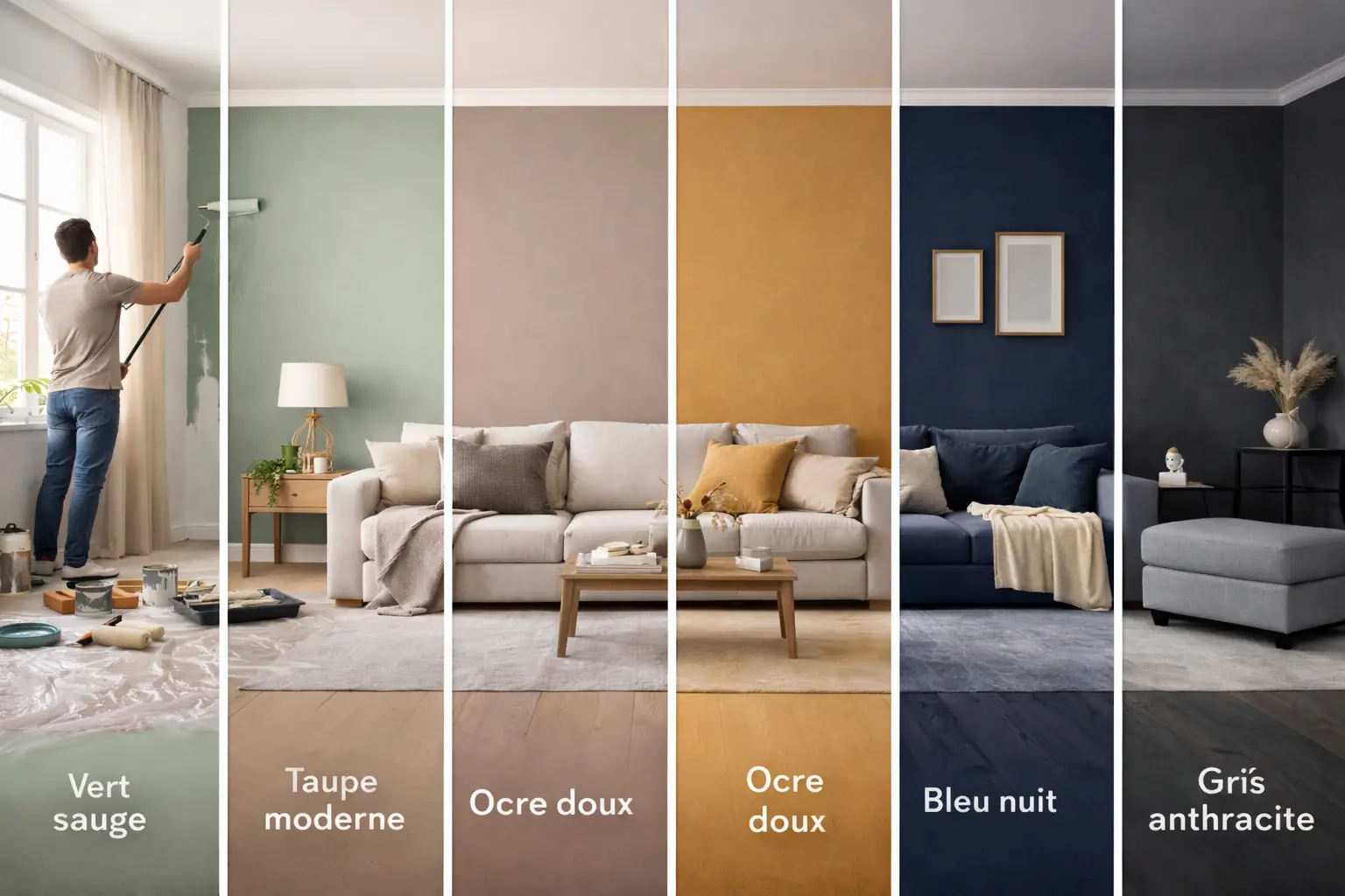 Peinture salon moderne avec application au rouleau, murs peints dans des couleurs tendance 2025 comme vert sauge, taupe, ocre, bleu nuit et gris anthracite, ambiance lumineuse et contemporaine.