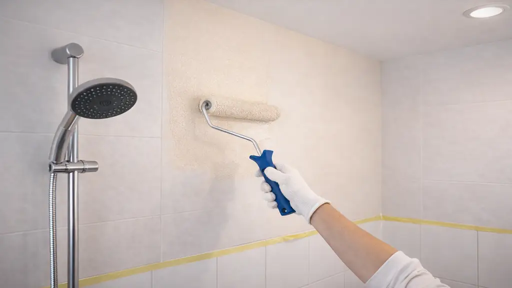 Application de peinture spéciale salle de bain sur mur humide avec rouleau, préparation et rénovation d’une pièce d’eau